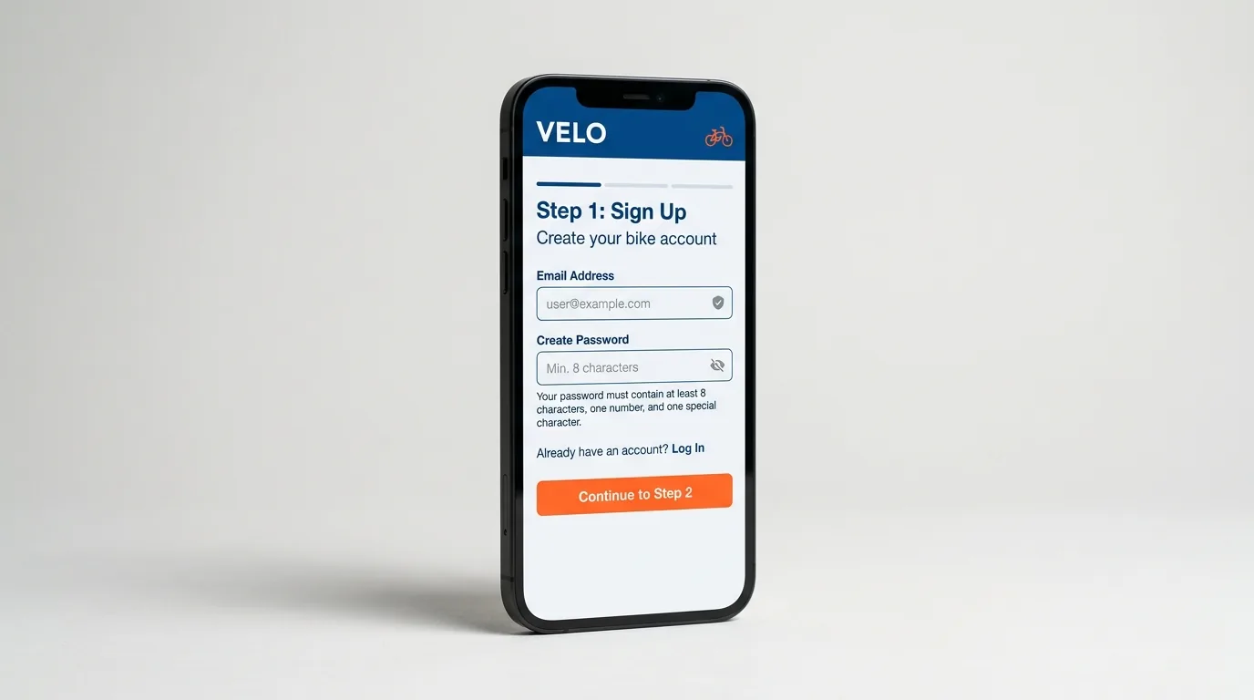 A bike app sign-up screen on a phone, made in Gaden
