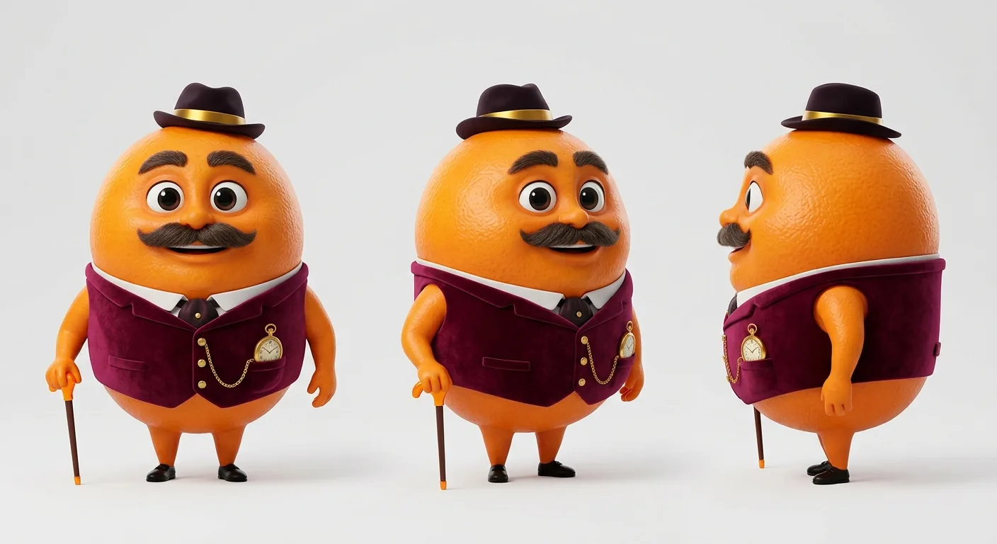 Character sheet of an orange mascot in a velvet vest, made in Gaden