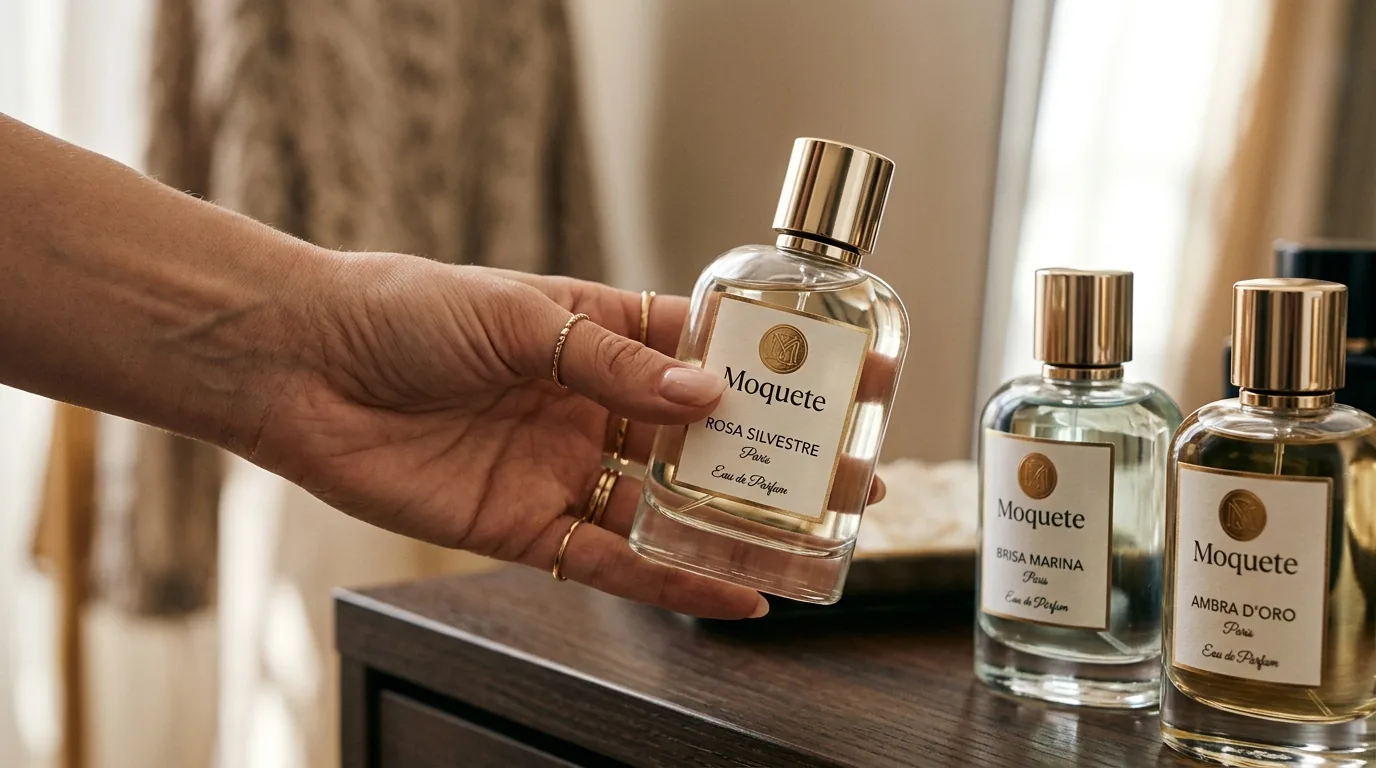 A hand holding a bottle of Moquete Rosa Silvestre eau de parfum, made in Gaden